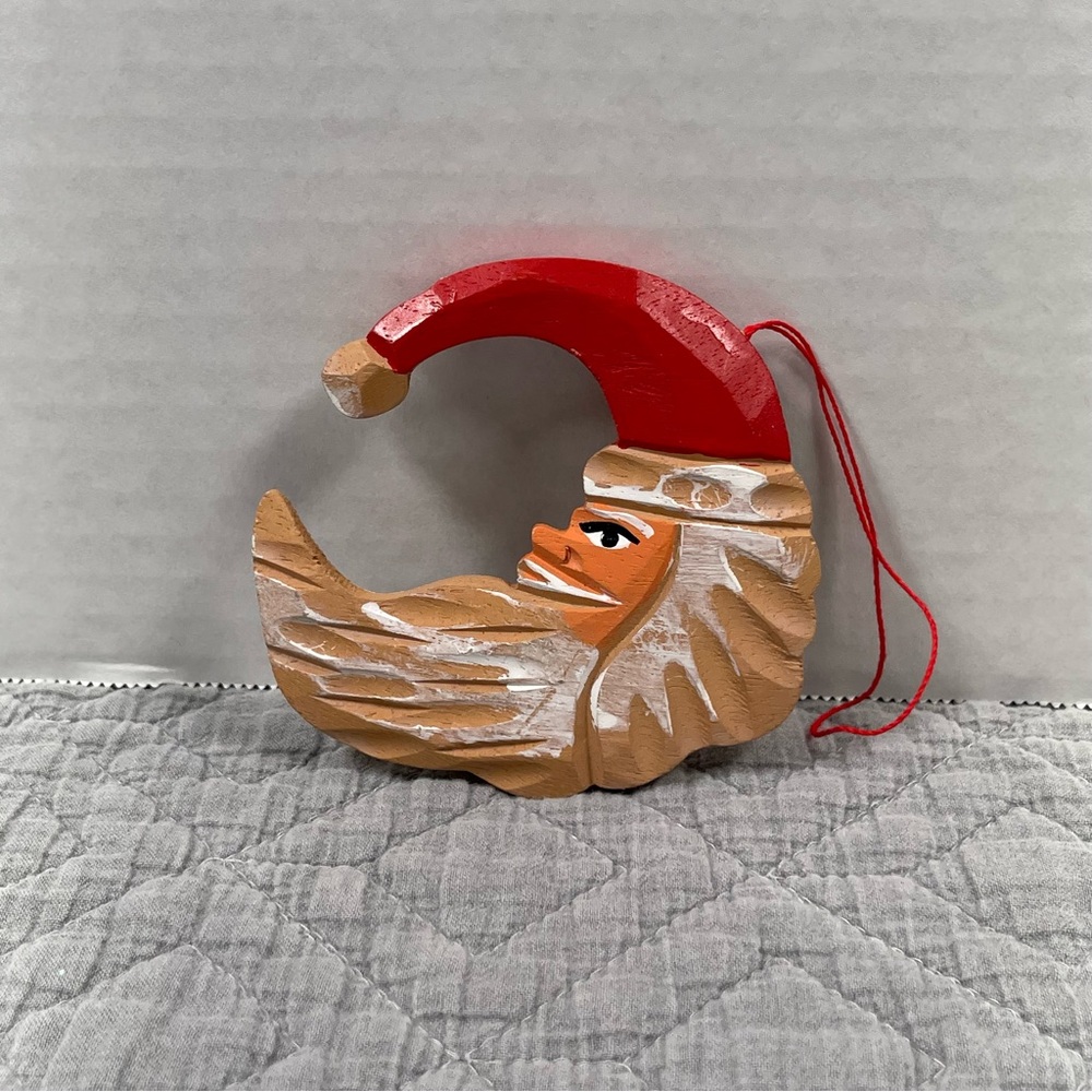 Vintage MIDWEST Carved Wooden Santa Crescent Moon Christmas Ornament
